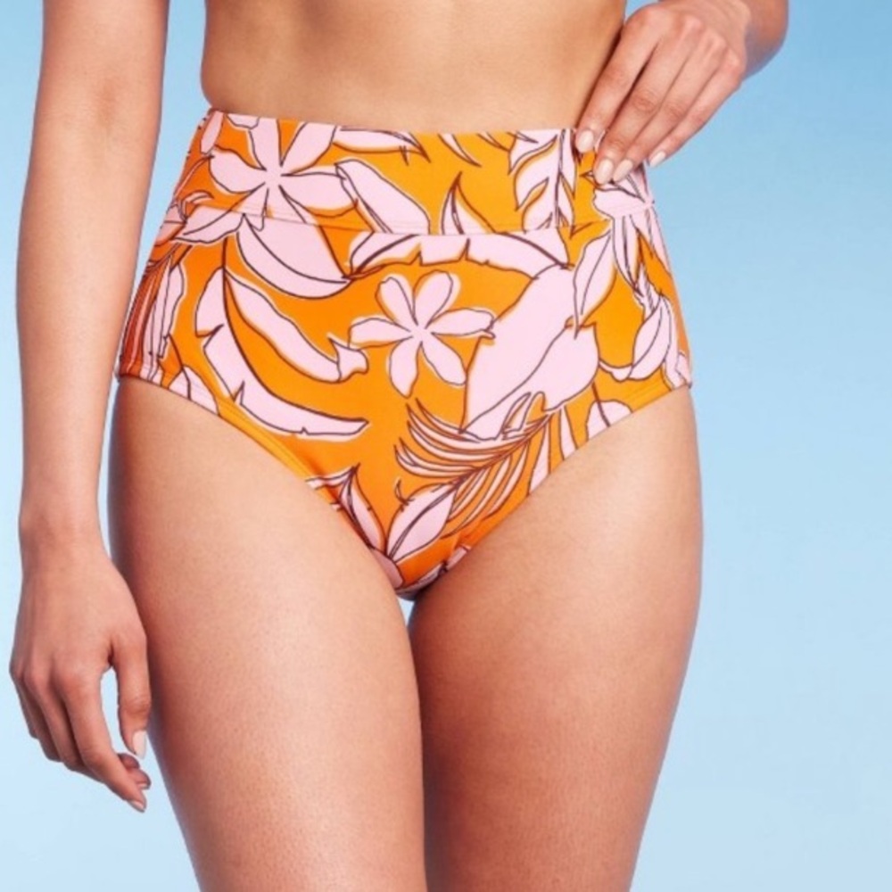 Kona Sol | Tropical Orange & White Modest High Waist Tummy Taming Bikini Bottom